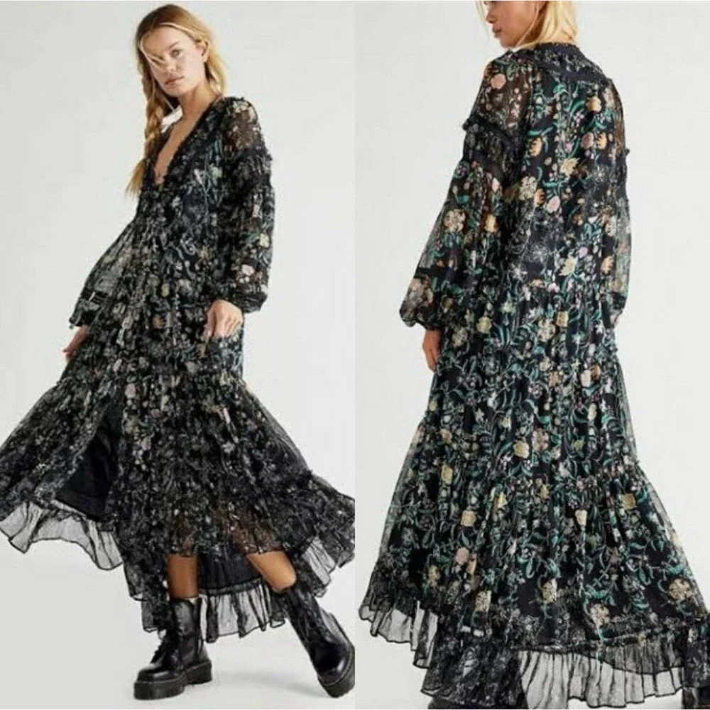 Free‎ People Cassis Printed Chiffon Maxi Dress Floral Print Black Sz XS Boho